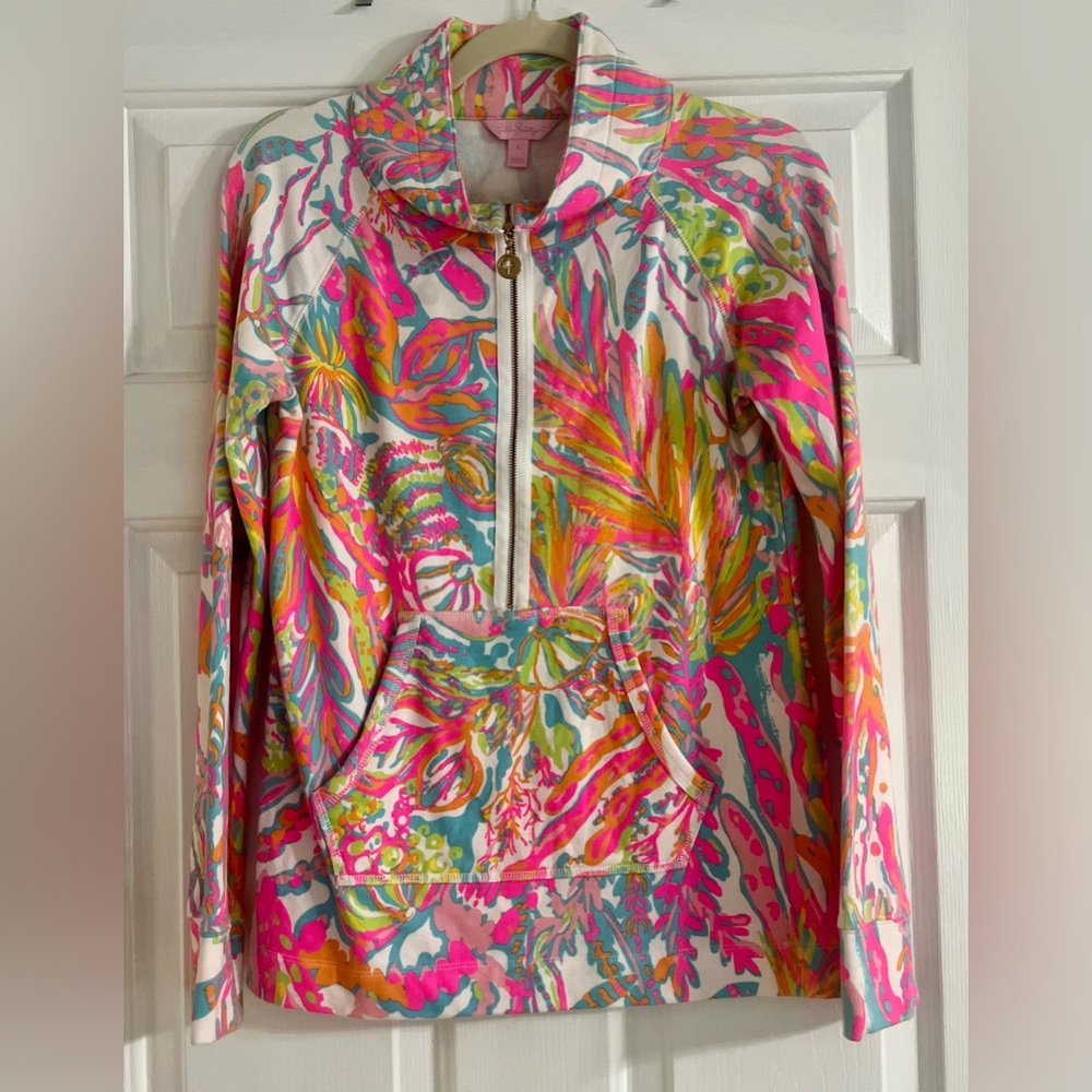 Lilly Pulitzer 2015 Skipper Popover 1/2 Zip Scuba to Cuba Resort White Sz SMALL
